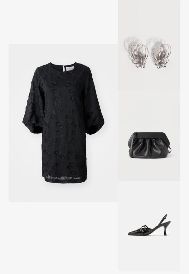 Zwarte jurk met een gemêleerd bloemborduursel, ronde halslijn en korte pofmouwen. Lichtgewicht stof met een knielange snit.; ALOHAS JOELLE ONIX - Klassieke pumps - black; Zwarte leren clutch met een gestructureerd frame, geplooide details en een smalle polsband, op een witte achtergrond.; Een paar zilveren metalen oorbellen met een open draadkooi-ontwerp en gladde centrale ovale vormen die gebogen schaduwen werpen op een witte achtergrond.