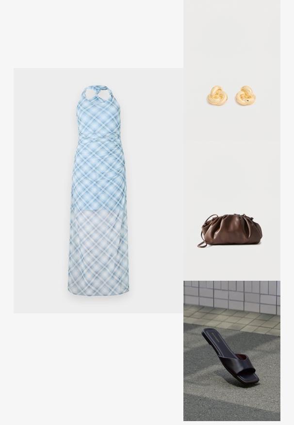 Robe halter bleu clair avec un motif à carreaux, dotée d'un corsage ajusté et d'une jupe fluide et transparente. Le matériau semble léger et lisse.; Sandale slide marron foncé à bout carré et large bride, posée sur un goudron gris près d'un trottoir carrelé.; Sacoche en cuir marron doux avec un haut froncé et une fine bandoulière, posée sur un fond blanc.; Paire de clous d'oreilles en forme de nœud, couleur or brillant, sur un fond blanc uni.
