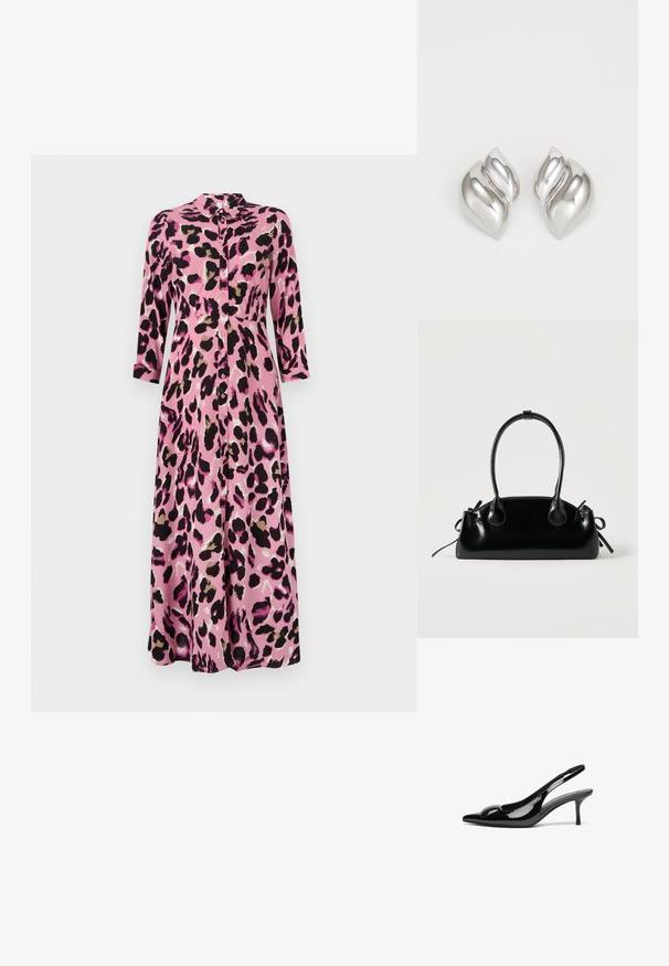 Rosa Midi-Kleid mit schwarzem und braunem Leopardenmuster, ausgestattet mit einer Knopfleiste, Kragen und drei Viertelärmeln. Glatte, satinähnliche Textur.; Schwarze patentierte Slingback-Absätze mit spitzem Zehenbereich und glänzender Oberfläche. Besitzt einen schlanken Absatz und eine abgerundete Akzentuierung am Schuhoberteil.; Kleine schwarze glänzende Handtasche mit zwei langen Griffen und seitlichen Kordelzug-Details vor einfachem hellem Hintergrund.; Silberne Ohrringe mit einer organischen, abstrakten Form. Glatte, glänzende Oberfläche mit einem konischen Design. Mit dezenten Kurven und einem zentralen Linienelement.