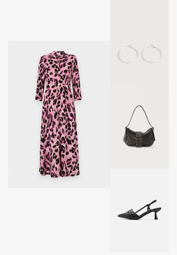 Vestido midi rosa con estampado de leopardo negro y marrón, que presenta un cierre de botones en la parte delantera, cuello y mangas tres cuartos. Textura suave similar a la satén.; Simmi London DALA - Tacones - black; Bolso de hombro de cuero negro con detalle de correa con hebilla, bordes curvos y costuras blancas en contraste sobre un fondo liso.; Pareja de pendientes de aro plateados brillantes con cierres de alambre delgado, mostrados sobre un fondo gris claro.