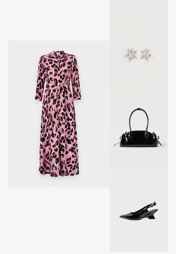 Vestido midi rosa con estampado de leopardo negro y marrón, que presenta un cierre de botones en la parte delantera, cuello y mangas tres cuartos. Textura suave similar a la satén.; Zapato slingback de cuero charol negro con puntera puntiaguda y tacón bajo en bloque inclinado sobre fondo claro liso.; Pequeño bolso negro brillante con dos asas largas y detalles de cordón lateral sobre un fondo claro liso.; Pendientes de aro plateados en forma de estrella con un acabado liso y pulido sobre un fondo blanco liso.