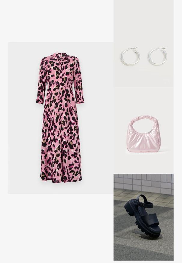 Vestido midi rosa con estampado de leopardo negro y marrón, que presenta un cierre de botones en la parte delantera, cuello y mangas tres cuartos. Textura suave similar a la satén.; Sandalia negra con suela gruesa, tiras anchas y hebilla en el tobillo, sobre pavimento gris cerca de una pared con azulejos.; Bolso de mano acolchado en color rosa con un diseño redondeado, fabricado en material brillante. Presenta un asa fruncida y un cierre de cremallera para un acceso seguro.; Par de pendientes de aro plateados brillantes de tamaño mediano con cierres metálicos finos sobre un fondo neutro claro.