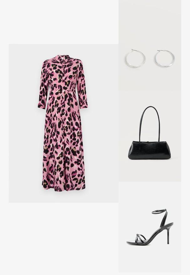 Vestido midi rosa con estampado de leopardo negro y marrón, que presenta un cierre de botones en la parte delantera, cuello y mangas tres cuartos. Textura suave similar a la satén.; Sandalia de tacón alto de charol negro con tiras finas que cruzan los dedos y una correa con hebilla en el tobillo sobre un fondo blanco.; Bolso de hombro rectangular negro con correas largas y delgadas y una textura lisa y brillante sobre un fondo liso.; Pendientes de aro de metal plateado con superficie lisa y ligeramente curvada y cierre de tipo mosquetón sobre un fondo blanco liso.