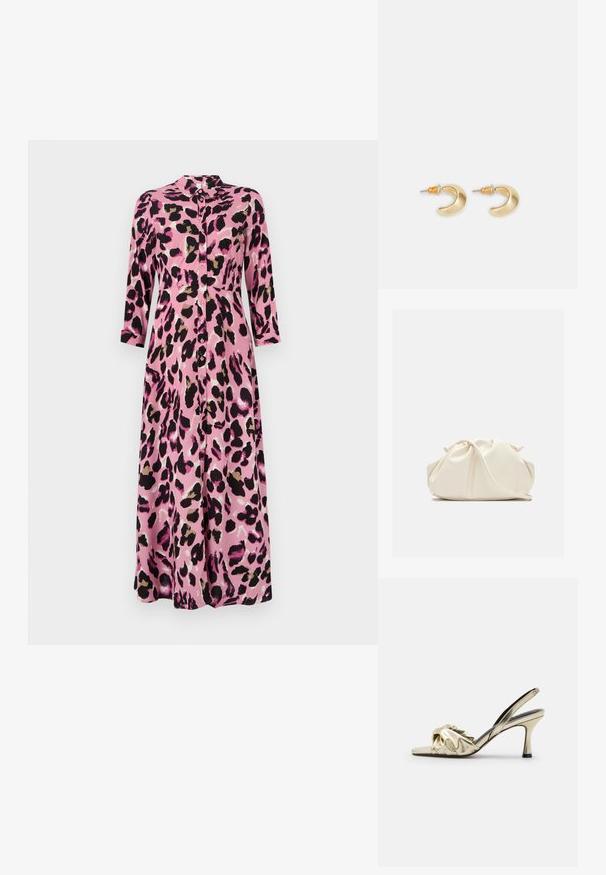 Rosa Midi-Kleid mit schwarzem und braunem Leopardenmuster, ausgestattet mit einer Knopfleiste, Kragen und drei Viertelärmeln. Glatte, satinähnliche Textur.; Goldene Satin-Slingback-Pumps mit einem geknoteten Design an der Vorderseite. Verfügt über einen schmalen Stiletto-Absatz und eine glatte Textur.; Weiche, cremefarbene Leder-Clutch mit gerafftem Design und einem dünnen Schulterriemen, der vorne auf einem schlichten Hintergrund liegt.; Goldene, mondförmige Ohrringe mit glatter Oberfläche, die orangefarbene Akzente nahe dem Stecker und silberne Beschläge aufweisen.