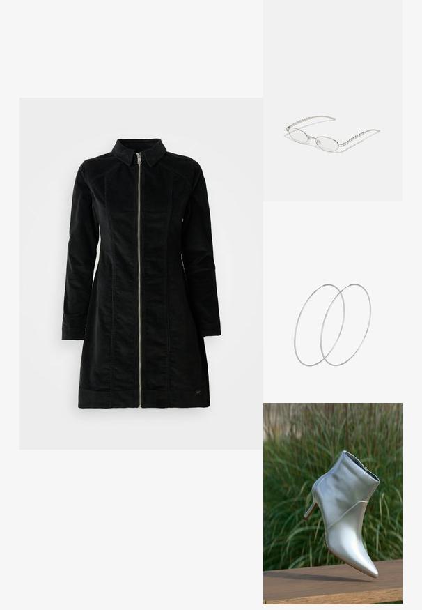 Zwarte corduroy jas, met een hoge kraag, lange mouwen en een rits aan de voorkant, met een rechte snit en minimalistisch ontwerp.; Glanzende zilveren hoge hakken enkellaars met puntneus en rits, in balans op een houten oppervlak voor een groene grasachtergrond.; Ovale brillen met een metallic zilveren montuur, heldere glazen en getextureerde kraalaccenten op de tempels. Lichtgewicht ontwerp met gebogen armen.; Zilveren hoepel oorbellen met een minimalistisch ontwerp. Cirkelvormig, gladde textuur en dun profiel. Lichtgewicht met een gepolijste afwerking.
