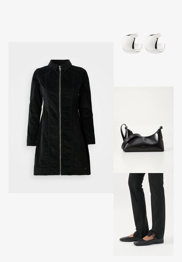 Schwarze Cordjacke mit hohem Kragen, langen Ärmeln und einem Frontreißverschluss, gerader Schnitt und minimalistisches Design.; Beine in schwarzen schmalen Hosen mit vorderen Schlitzen am Saum, kombiniert mit schwarzen flachen Mary-Jane-Schuhen mit kleinem Schnallenriemen.; Schwarze lederne Handtasche mit glatter Textur. Verfügt über einen verstellbaren Riemen und ein elegantes, minimalistisches Design mit einem Reißverschluss.; Paar polierte silberne halbmondförmige Creolen mit Steckverschluss auf weißem Hintergrund.