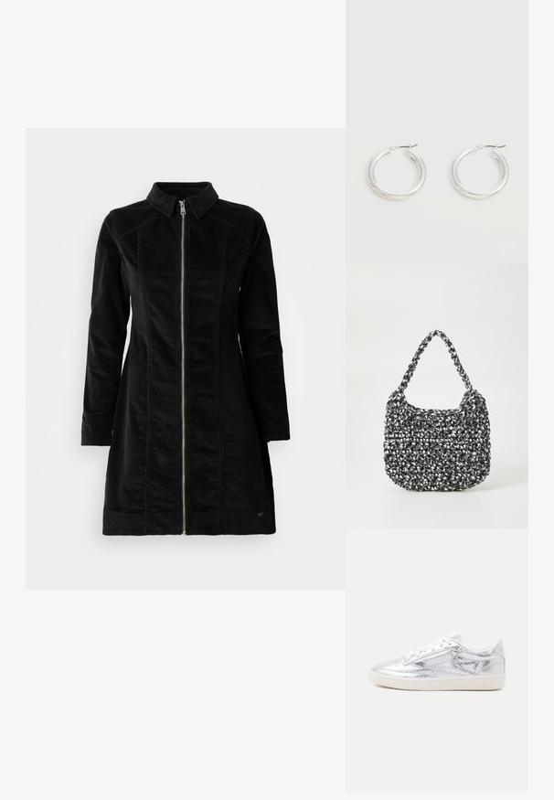 Schwarze Cordjacke mit hohem Kragen, langen Ärmeln und einem Frontreißverschluss, gerader Schnitt und minimalistisches Design.; Low-Top-Sneaker mit weißer Sohle, metallisch silbertexturiertem Obermaterial, weißen Schnürsenkeln und subtilem Markenlogo auf grauem Hintergrund.; Gewebte Handtasche in Schwarz und Weiß mit runder Form, strukturiertem Oberflächenfinish und geflochtener Grifffläche. Geeignet für den lässigen Gebrauch.; Paar mittelgroße glänzende silberne Hoop-Ohrringe mit dünnen Metallverschlüssen auf hellem neutralem Hintergrund.