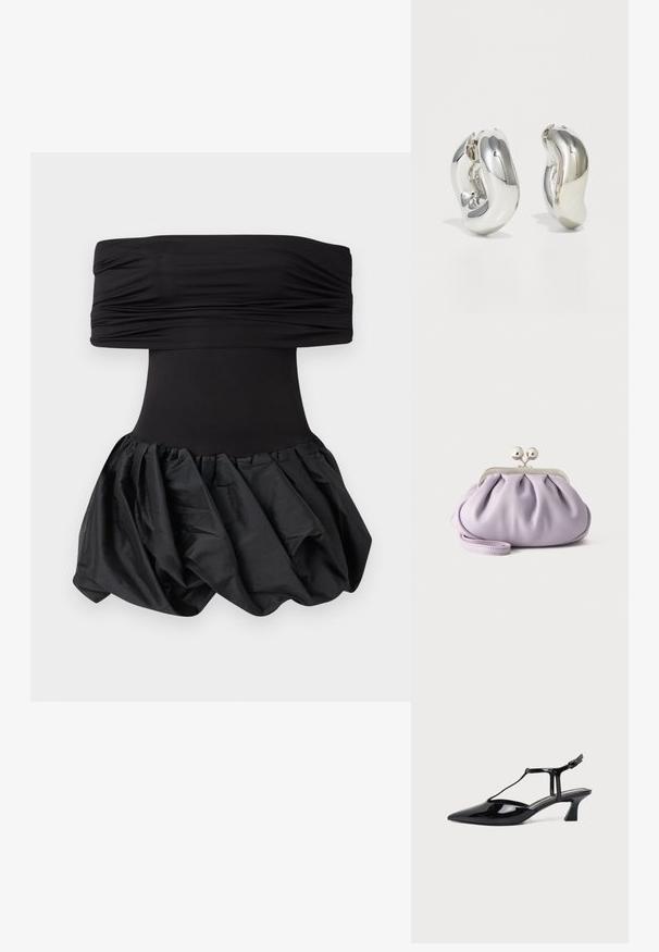 Must musta kleit, millel on volüümikas, tekstureeritud seelik ja rikutud kehaosa. Seelikul on kogutud disain, et lisada mõõtmeid.; Mustast lakknahast terava otsaga slingback-kinga T-rihma ja madala kaldu plokktallaga valgel taustal.; Pehme lavendlivärvi käekott volditud kangaga, hõbedase kiss-lock-klambri ja sobiva randmerihmaga, ühtlasel heledal taustal.; Hõbedased skulpturaalsed kõrvarõngad, millel on siledad, kaarekujulised vormid ja peegeldavad pinnad. Omavad suletud rõnga disaini ja eristuvat orgaanilist kuju.