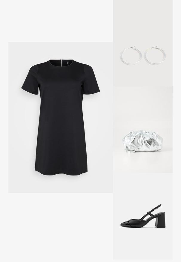 Zwart kortekleurig jurkje met een ronde halslijn en een rits aan de achterkant. Gemaakt van een soepele, rekbare stof voor comfort.; Zwarte gepatineerde leren slingback hak met een spitse neus, blokhak en verstelbare band. Glad textuur en minimalistisch design.; Metalen zilveren clutch tas met een zachte, geplooide body en een dunne schouderriem. Kenmerkt zich door een gladde, glanzende textuur en afgeronde vorm.; Een paar glanzende zilveren oorringen met dunne draadafsluitingen, getoond op een lichtgrijze achtergrond.