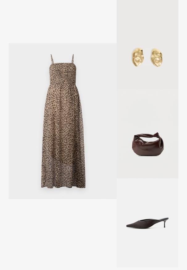 Vestido maxi de estampado de leopardo con un corsé fruncido, tirantes finos y tejido transparente. Presenta un diseño ligero y fluido.; Zapato mule negro con punta puntiaguda, tacón stiletto bajo y acabado liso y elegante, mostrado de perfil sobre un fondo blanco.; Bolso de hombro de cuero marrón oscuro con una forma suave y caída, y un asa con nudo torcido sobre un fondo blanco liso.; Par de pendientes de metal dorado brillante, con forma irregular y superficie arrugada y lisa sobre un fondo claro y sencillo.