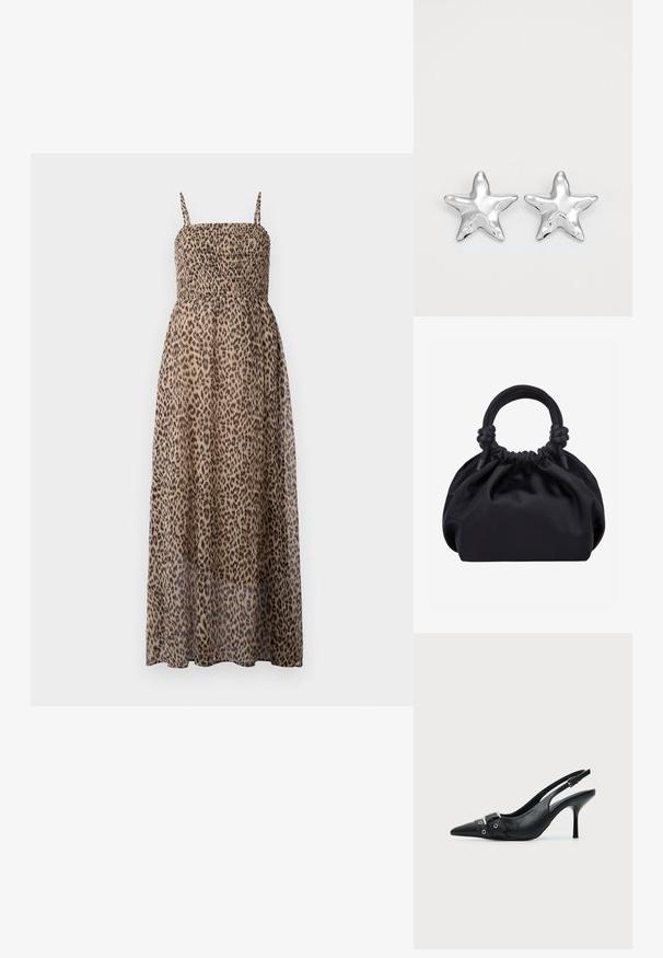 Maxikleid mit Leopardenmuster, gerafftem Oberteil, dünnen Trägern und transparentem Stoff. Es zeichnet sich durch ein fließendes, leichtes Design aus.; Schwarzer Leder Slingback-Pumps mit spitzer Vorderkappe und einem Schnallen- und Ösenriemen vorne.; Schwarze weiche Stoffhandtasche mit gerafftem oberen Rand und runden, gepolsterten Griffen, die auf jeder Seite mit Knoten gebunden sind.; Silberne sternförmige Ohrringe mit einer polierten, glänzenden Oberfläche. Jeder Ohrring hat fünf Spitzen und dezente Oberflächentexturdetails.