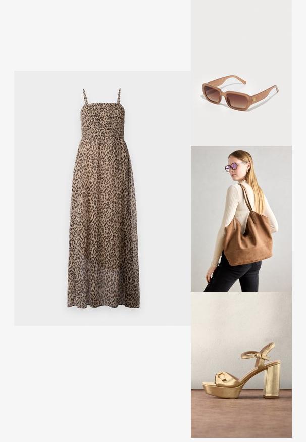 Maxikleid mit Leopardenmuster, gerafftem Oberteil, dünnen Trägern und transparentem Stoff. Es zeichnet sich durch ein fließendes, leichtes Design aus.; Goldene Plateau-Sandale mit Absatz, Knöchel- und Vorderfußriemen mit goldenen Schnallen, vor einem verschwommenen modernen Innenraumhintergrund.; Braune rechteckige Sonnenbrille mit Verlaufslinsen, dicken Rahmen und einem Logodetail an der Seite. Glattes Kunststoffmaterial, minimales Design.; Braune Wildleder-Tasche mit weicher Textur, großer Öffnung und langen Trägern. Sie verfügt über ein simples Design mit sichtbarem Stich und ohne Beschläge.
