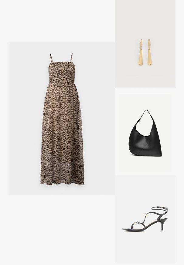 Maxikleid mit Leopardenmuster, gerafftem Oberteil, dünnen Trägern und transparentem Stoff. Es zeichnet sich durch ein fließendes, leichtes Design aus.; Schwarze Riemchensandale mit mittelhohem Absatz, goldenen Akzentperlen und einem Knöchelriemen mit Schnalle auf weißem Hintergrund.; Schwarze Leder-Schultertasche mit geschwungener dreieckiger Form, einem verstellbaren Einzelriemen und sichtbarer diagonaler Naht auf der Vorderseite.; Ohrhänger in Gold-Ton mit glatten, länglichen Tropfenanhängern, die an kleinen Creolenverschlüssen hängen, auf weißem Hintergrund.