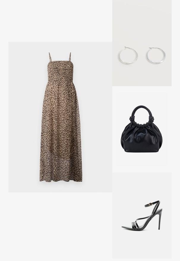 Vestido maxi de estampado de leopardo con un corsé fruncido, tirantes finos y tejido transparente. Presenta un diseño ligero y fluido.; Sandalia negra de tacón alto con finas tiras sobre los dedos y el tobillo, con una hebilla dorada en un tacón stiletto delgado.; Bolso de mano de cuero negro suave con parte superior fruncida y dos asas gruesas atadas en nudos sobre un fondo claro y liso.; Pendientes de aro de metal plateado con superficie lisa y ligeramente curvada y cierre de tipo mosquetón sobre un fondo blanco liso.