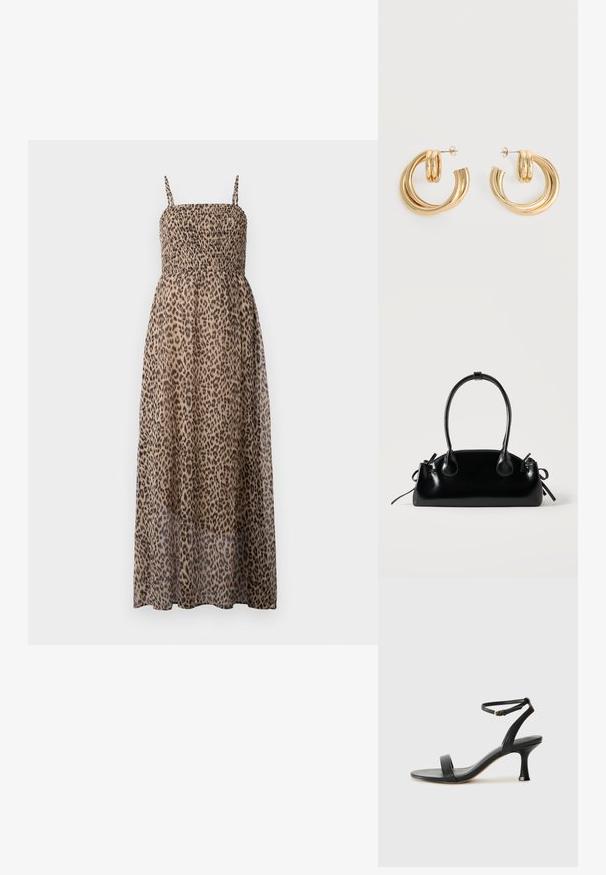 Maxi kjole i leopardprint med smocket bodice, tynde stropper og gennemsigtig stof. Har et flydende, let design.; Sort læderhælsandal med ankels nor, med et elegant design, åben tå og en spidse hæl for en strømlinet silhuet.; Lille sort blank håndtaske med to lange håndtag og snøre-detaljer i siden på en ensfarvet lys baggrund.; Par af skinnende gyldne dobbelt loop øreringe med stift-lukning på hvid baggrund.