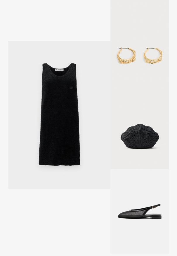 Musta, hihaton mekko, joka on valmistettu pehmeästä, teksturoidusta materiaalista. Kuvastaa pyöreää kaula-aukkoa ja pieni logo edessä. Yksinkertainen, suora muotoilu.; Musta slingback-tasapohjakengät, joissa on terävä kärki, verkkokangaspäällinen, säädettävä solkiremmi ja matala pino korko valkoisella taustalla.; Musta punottu käsilaukku, joka on muotoiltu kampasimpukan kuoreksi, jossa on kaareva yläosa ja kudottu pinta yksinkertaisella taustalla.; Pari kullanvärisiä korviksia, joissa on koristeellinen kukka- ja lehtipainatus neutraalilla taustalla.