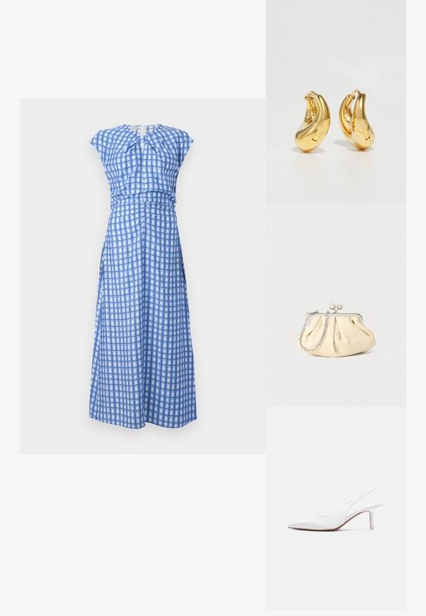Vestido a cuadros azules hecho de una tela ligera. Presenta una cintura fruncida, mangas cortas y un cierre en la espalda con abertura en forma de ojal.; Zapato femenino de cuero blanco con tira trasera, punta puntiaguda, tacón bajo tipo kitten y un pequeño lazo decorativo en la parte superior, mostrado en perfil lateral.; Clutch de cuero beige plisado con un marco de metal plateado, que cuenta con dos broches decorativos redondos y una correa de cadena plateada.; Pendientes de aro de oro con forma curva y suave, y acabado pulido. Presentan un mecanismo de cierre y ligeras indentaciones para un toque de detalle.