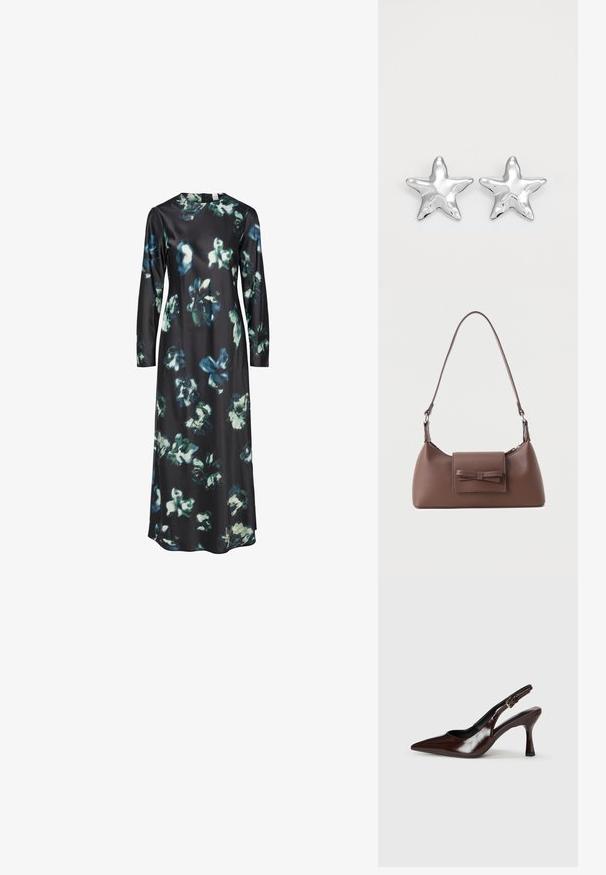 Vestido de manga larga en tela negra con un estampado floral en azules y verdes. Escote redondo con una silueta simple y elegante.; Zapatos de tacón slingback de charol marrón con punta afilada, tacón delgado y correa ajustable con una pequeña hebilla.; Bolso bandolera de cuero marrón con un bolsillo frontal de solapa que presenta un detalle de moño cosido y una correa ajustable.; Pendientes en forma de estrella plateada con una superficie pulida y brillante. Cada pendiente presenta cinco puntas y sutiles detalles de textura en la superficie.