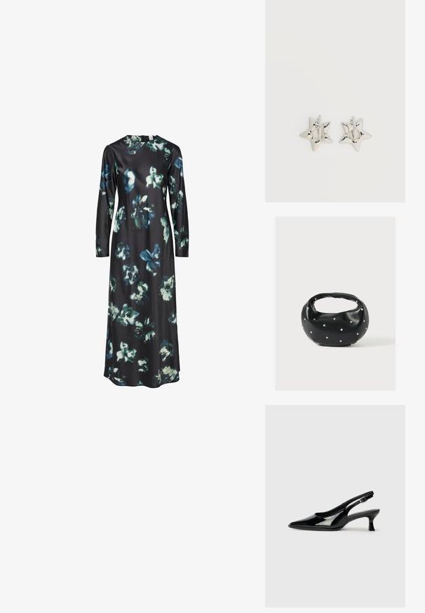 Robe à manches longues en tissu noir ornée d'un motif floral en nuances de bleu et de vert. Encolure ronde avec une silhouette simple et épurée.; Escarpins en cuir verni noir avec un bout pointu et un petit talon carré. Sangle réglable à la cheville avec boucle.; Sac à main en cuir noir de forme arrondie, décoré de clous argentés et équipé d'une poignée courte. Texture lisse et fermeture éclair.; Boucles d’oreilles créoles en forme d’étoile argentée avec une finition lisse et polie sur un fond blanc uni.