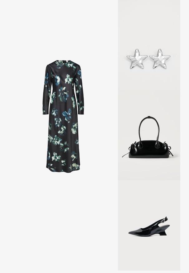 Langemouwig jurk van zwarte stof met een bloemenpatroon in blauwtinten en groen. Ronde halslijn met een eenvoudige, strakke silhouet.; Zwarte lakleren slingback schoen met spitse neus en lage schuine blokhak op een effen lichte achtergrond.; Kleine zwarte glanzende handtas met twee lange hengsels en zijkant trekkoord details op een effen lichte achtergrond.; Zilveren stervormige oorbellen met een gepolijste, glanzende afwerking. Elke oorbel heeft vijf punten en subtiele textuurdetails op het oppervlak.