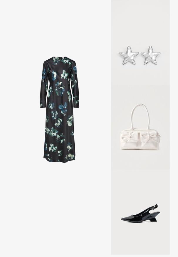 Vestido de manga larga en tela negra con un estampado floral en azules y verdes. Escote redondo con una silueta simple y elegante.; Zapato slingback de cuero charol negro con puntera puntiaguda y tacón bajo en bloque inclinado sobre fondo claro liso.; Bolso sintético blanco con dos bolsillos delanteros, cada uno con un detalle de lazo atado. Textura suave, asas redondeadas y cierre de cremallera.; Pendientes en forma de estrella plateada con una superficie pulida y brillante. Cada pendiente presenta cinco puntas y sutiles detalles de textura en la superficie.