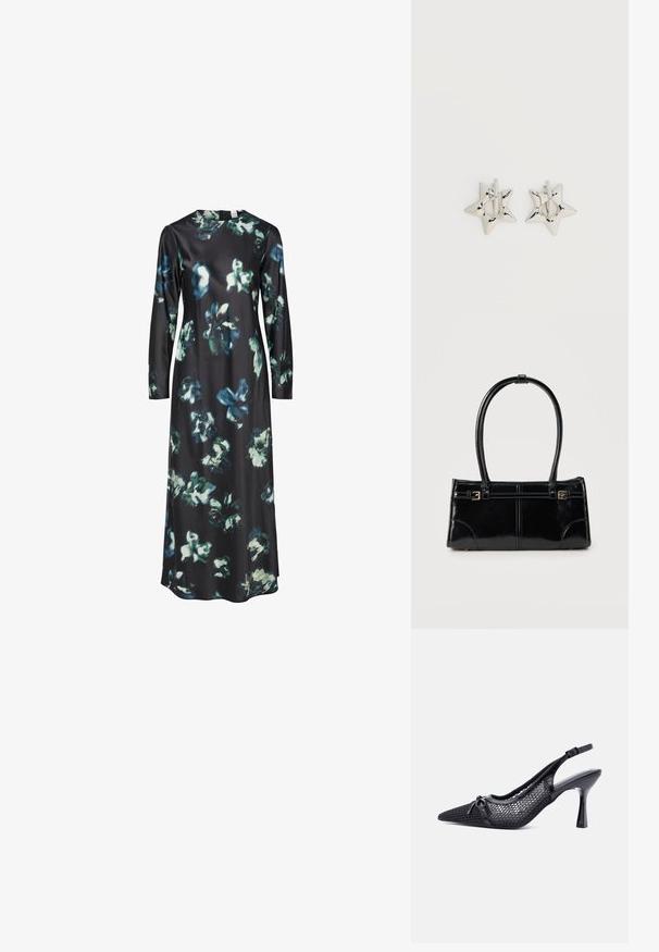 Langemouwig jurk van zwarte stof met een bloemenpatroon in blauwtinten en groen. Ronde halslijn met een eenvoudige, strakke silhouet.; Zwarte slingback hoge hak met een puntige neus, een honingraatpatroon van gaas en een klein sierstrikje aan de voorkant.; Glanzend zwart rechthoekig handtasje met twee dunne schouderbanden en kleine gouden gespsdetails aan de voorkant.; Zilverkleurige stervormige oorringen met een gladde, gepolijste afwerking op een effen witte achtergrond.