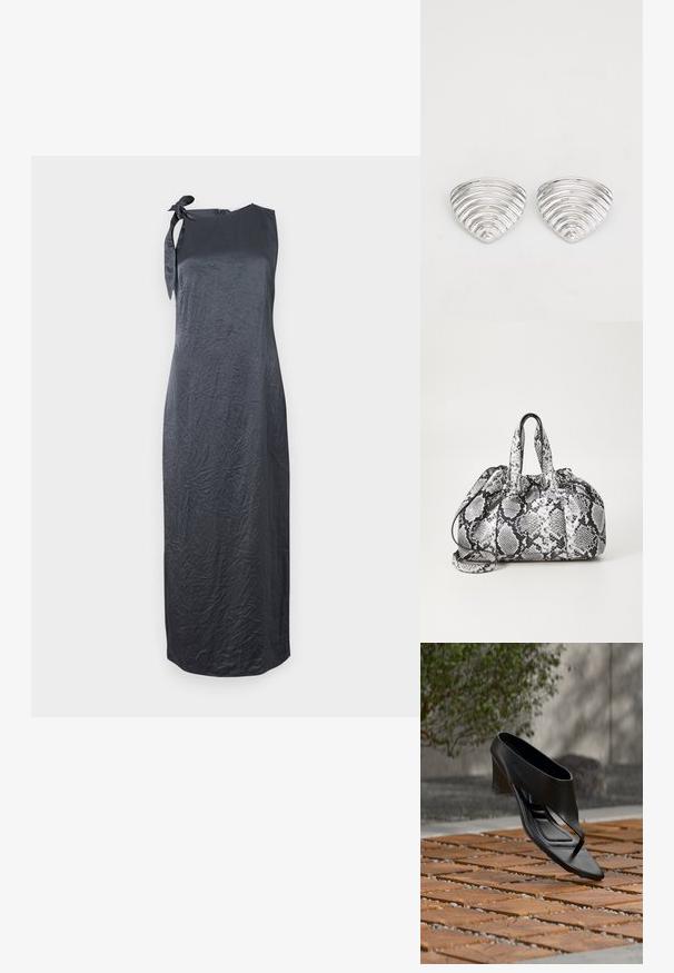 Schwarzes ärmelloses Kleid mit einem Bindedetail an der linken Schulter, aus einem glatten, geknitterten Stoff gefertigt, mit einer geraden Silhouette und knielanger Länge.; Schwarze High-Heeled Sandale mit Zehensteg, schwebend über einer gemusterten Holz- und Kiesaußenfläche mit verschwommenem Grün und Wand im Hintergrund.; Schwarz-weiße Handtasche im Schlangenhautmuster mit zwei Griffen, einem Kordelzugverschluss und einem abnehmbaren Schultergurt. Glatte Textur.; Ohrringe in Silberoptik mit einem wellenförmigen, strukturierten Design, das wie überlappende Halbmonden geformt ist; die polierte Oberfläche verstärkt die reflektierenden Eigenschaften.