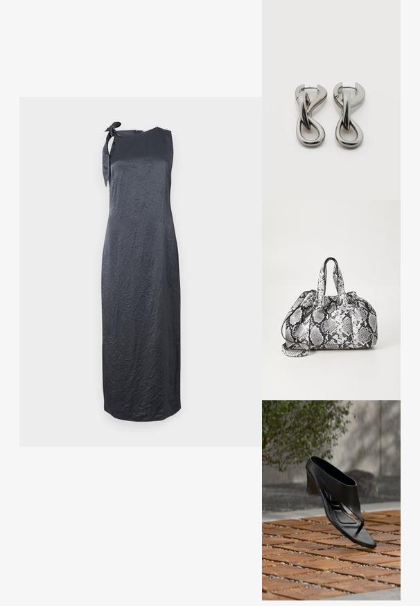 Schwarzes ärmelloses Kleid mit einem Bindedetail an der linken Schulter, aus einem glatten, geknitterten Stoff gefertigt, mit einer geraden Silhouette und knielanger Länge.; Schwarze High-Heeled Sandale mit Zehensteg, schwebend über einer gemusterten Holz- und Kiesaußenfläche mit verschwommenem Grün und Wand im Hintergrund.; Schwarz-weiße Handtasche im Schlangenhautmuster mit zwei Griffen, einem Kordelzugverschluss und einem abnehmbaren Schultergurt. Glatte Textur.; Paar silberfarbene Metallohrringe mit abstraktem ineinandergreifendem Schlaufen-Design auf weißem Hintergrund.