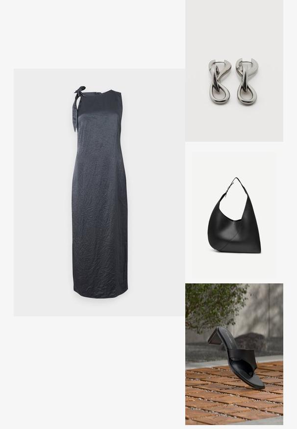 Vestido negro sin mangas con un detalle de lazo en el hombro izquierdo, hecho de una tela suave y arrugada, que presenta una silueta recta y un corte hasta la rodilla.; Sandalia de tacón negra de Calvin Klein con lazo en el dedo sobre un suelo de baldosas de madera al aire libre, cerca de un árbol y un muro de piedra.; Bolso de hombro de cuero negro con forma triangular curva, una única correa ajustable y una costura diagonal visible en el frente.; Par de pendientes de metal con acabado plateado y diseño abstracto de bucles entrelazados sobre un fondo blanco.