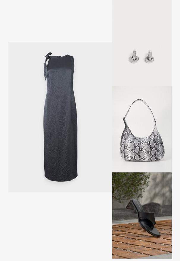Schwarzes ärmelloses Kleid mit einem Bindedetail an der linken Schulter, aus einem glatten, geknitterten Stoff gefertigt, mit einer geraden Silhouette und knielanger Länge.; Schwarze Calvin Klein Sandale mit Absatz und Zehenschlaufe auf einem Holzkachelfußboden im Freien neben einem Baum und einer Steinmauer.; Schultertasche im schwarz-weißen Schlangenprint mit runder Form, glatter Textur und gebogenem Tragegurt. Mit einem silbernen Hardware-Akzent.; Paar kleine, glänzende silberne Creolen mit rundem Sockel, auf einfachem hellem Hintergrund präsentiert.