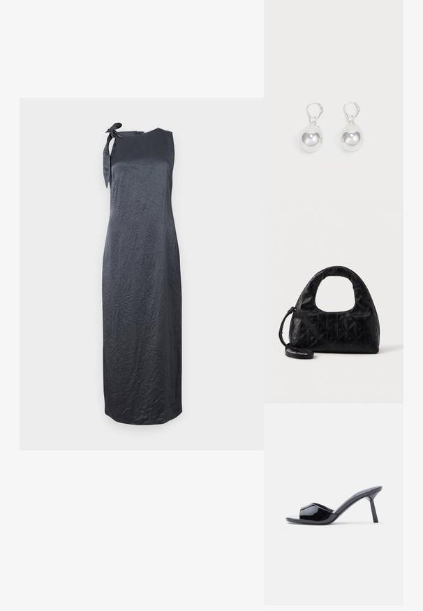 Robe noire sans manches avec un nœud sur l'épaule gauche, fabriquée à partir d'un tissu lisse et froissé, présentant une silhouette droite et une coupe au genou.; Sandales à talons ouverts en cuir verni noir, avec un design supérieur incurvé et un talon aiguille effilé. Finition lisse et brillante.; Sac à main en cuir noir avec une anse supérieure incurvée, un motif en diamant subtile, et une bandoulière détachable. La texture est lisse avec des détails embossés.; Boucles d'oreilles en argent en forme de goutte avec des surfaces lisses, rondes et réfléchissantes, suspendues à des fermoirs à ressort. L'arrière-plan est blanc uni.