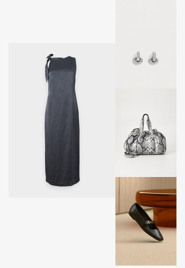 Vestido negro sin mangas con un detalle de lazo en el hombro izquierdo, hecho de una tela suave y arrugada, que presenta una silueta recta y un corte hasta la rodilla.; Zapato plano de cuero negro con puntera puntiaguda y logo dorado de CK en la correa, colocado sobre una alfombra beige cerca de una mesa redonda marrón ámbar.; Bolso de mano con patrón de piel de serpiente en blanco y negro, con dos asas, un cierre de cordón y una correa para el hombro desmontable. Textura suave.; Par de pequeños pendientes de aro plateados brillantes con base redonda, exhibidos sobre un fondo claro y liso.
