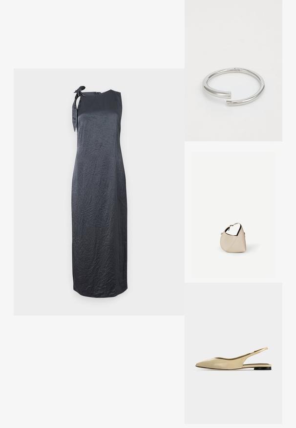 Schwarzes ärmelloses Kleid mit einem Bindedetail an der linken Schulter, aus einem glatten, geknitterten Stoff gefertigt, mit einer geraden Silhouette und knielanger Länge.; Beiger Slingback-Ballerina mit spitzer Kappe, niedrigem schwarzem Absatz und glattem Lederfinish, seitlich auf einfarbigem Hintergrund gezeigt.; Beige Ledertasche in Halbmondform mit einem einzelnen Schulterriemen und minimaler Nahtgestaltung, vor einem schlichten weißen Hintergrund.; Calvin Klein SPIRAL - Armband - silver-coloured