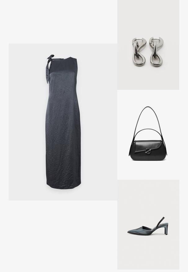 Schwarzes ärmelloses Kleid mit einem Bindedetail an der linken Schulter, aus einem glatten, geknitterten Stoff gefertigt, mit einer geraden Silhouette und knielanger Länge.; Schwarzer Slingback-Absatz mit spitzem Zehenbereich, eleganter Satinoptik und schlankem 7,5 cm Absatz. Offenes Seitendesign mit minimalen Nahtdetails.; Schwarze Lederschultertasche mit einer geschwungenen Klappe, die durch einen runden Metallverschluss gesichert ist, und einem schlanken, verstellbaren Riemen.; Paar silberfarbene Metallohrringe mit abstraktem ineinandergreifendem Schlaufen-Design auf weißem Hintergrund.
