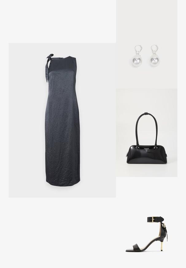 Vestido negro sin mangas con un detalle de lazo en el hombro izquierdo, hecho de una tela suave y arrugada, que presenta una silueta recta y un corte hasta la rodilla.; Sándal de tacón de cuero negro con punta cuadrada, correa en el tobillo con hebilla dorada y un tacón metálico esbelto. Textura suave, diseño minimalista.; Bolso de mano negro brillante con una silueta curva, dos asas y una placa de logo en la parte frontal. Cierre de cremallera y acentos de hardware brillante.; Pendientes de plata en forma de gota con superficies redondas y reflectantes colgando de cierres de palanca. El fondo es blanco liso.