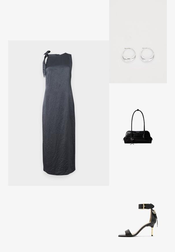 Vestido negro sin mangas con un detalle de lazo en el hombro izquierdo, hecho de una tela suave y arrugada, que presenta una silueta recta y un corte hasta la rodilla.; Sándal de tacón de cuero negro con punta cuadrada, correa en el tobillo con hebilla dorada y un tacón metálico esbelto. Textura suave, diseño minimalista.; Bolso de hombro negro de cuero con textura de cocodrilo, con correas largas y un pequeño colgante de logo plateado en una correa.; Pendientes de aro de plata con un acabado pulido y la marca DKNY, exhibidos sobre un fondo blanco liso.