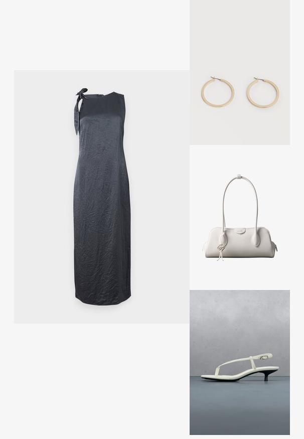 Robe noire sans manches avec un nœud sur l'épaule gauche, fabriquée à partir d'un tissu lisse et froissé, présentant une silhouette droite et une coupe au genou.; Sandale blanche à talon kitten avec des lanières et un bout pointu, flottant au-dessus d'un sol en carrelage en bois en plein air avec un arrière-plan flou de plante et de mur.; Sac à bandoulière blanc Calvin Klein avec longues poignées, forme rectangulaire, fermeture éclair et charm logo décoratif suspendu près de la poignée.; Paire de boucles d'oreilles créoles moyennes lisses ton or avec fermoirs à charnière sur fond clair uni.