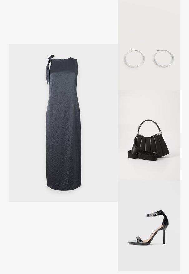 Schwarzes ärmelloses Kleid mit einem Bindedetail an der linken Schulter, aus einem glatten, geknitterten Stoff gefertigt, mit einer geraden Silhouette und knielanger Länge.; Schwarzer Riemchensandale aus Lackleder mit hohem Absatz und Knöchelriemen. Verfügt über ein minimalistisches Design, offene Zehenpartie und eine Schnalle mit Strassakzenten.; Schwarze, gefaltete Handtasche mit einem runden Griff, verstellbarem Schulterriemen und glänzender Textur. Verfügt über silberne Hardware und eine strukturierte Silhouette.; Silberne Metallcreolen mit glatter, leicht gebogener Oberfläche und Klappverschluss vor schlicht weißem Hintergrund.