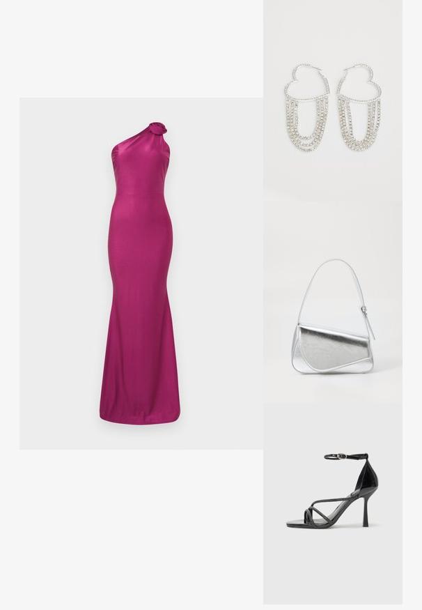 Robe de soirée fuchsia à une épaule en tissu lisse et brillant. Présente un détail de nœud floral à l'épaule et une silhouette sirène ajustée.; Sandale à talons hauts en cuir verni noir avec une sangle autour de la cheville, présentant des brides croisées et un élégant bout pointu.; Sac à main en métal argenté de forme triangulaire, texture lisse et fine bandoulière réglable. Présente un design rabat avec couture.; Boucles d'oreilles en argent en forme de cœur, ornées de fils tombants de strass transparents pour plus d'éclat et de texture.