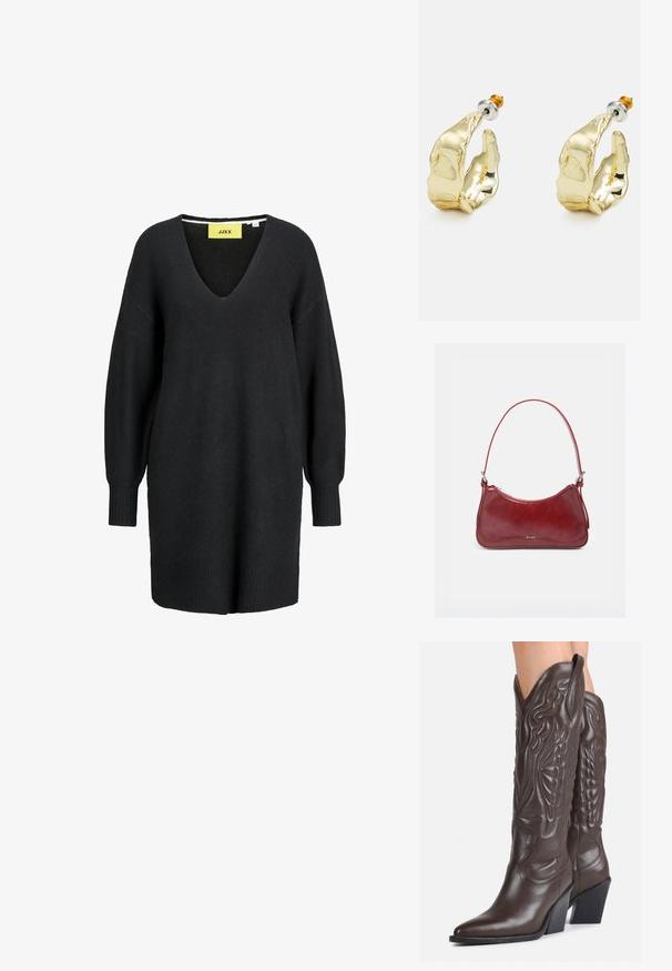 Vestido suéter de punto negro de manga larga con cuello en V y puños y dobladillo acanalados, con una etiqueta amarilla de la marca JJXX en el interior del escote.; Botas vaqueras de cuero marrón oscuro hasta la rodilla con punteras puntiagudas, costuras decorativas y tacones en bloque inclinados, usadas por una persona.; Pequeño bolso brillante de color rojo oscuro con una sola correa, cremallera plateada y logo "RAID" en el centro delantero.; Pendientes en tono dorado con forma de manos abstractas, que presentan una superficie brillante, detalles intrincados y un poste de plata y oro para un ajuste seguro.