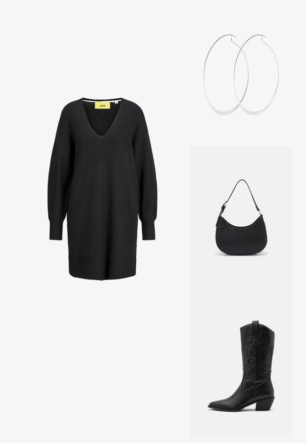 Vestido suéter de punto negro de manga larga con cuello en V y puños y dobladillo acanalados, con una etiqueta amarilla de la marca JJXX en el interior del escote.; Botas de vaquero de cuero negro con punta afilada, patrones en relieve en espiral y un tacón de altura media. Presentan una lengüeta para facilitar el uso.; Bolso hobo negro hecho de cuero suave con una silueta curva, que cuenta con una sola correa ajustable y detalles de diseño minimalistas.; Pendientes de aro plateados con un diseño delgado y suave; forma ovalada alargada; acabado pulido; presentan un cierre de gancho seguro.