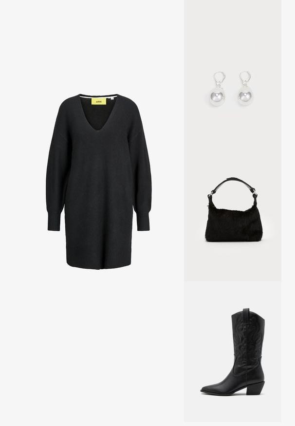 Vestido suéter de punto negro de manga larga con cuello en V y puños y dobladillo acanalados, con una etiqueta amarilla de la marca JJXX en el interior del escote.; Botas de vaquero de cuero negro con punta afilada, patrones en relieve en espiral y un tacón de altura media. Presentan una lengüeta para facilitar el uso.; Bolso de mano de piel sintética negra con una textura suave, forma redondeada y una resistente correa de cuero negro para el hombro. Acentos de herrajes plateados visibles.; Pendientes de plata en forma de gota con superficies redondas y reflectantes colgando de cierres de palanca. El fondo es blanco liso.