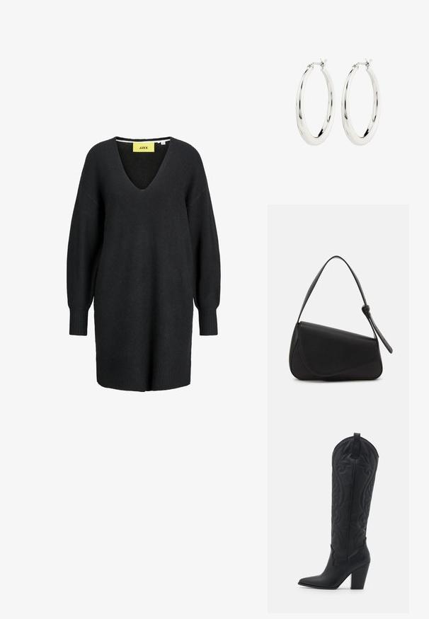 Zwarte, lange mouw gebreide jurk met V-hals en geribbelde manchetten en zoom, met een geel JJXX-merklabel aan de binnenkant van de halslijn.; Zign by Zalando LEATHER - Cowboy-/Bikerlaarzen - black; Zwart leren handtas met een driehoekige vorm, schuine klep en een ronde handgreep. Heeft een gladde textuur en minimalistische ontwerpelementen.; Zilveren oorbellen in de vorm van een gladde, glanzende ring. Circulaire vorm, voorzien van een veilige sluiting. Eenvoudig en elegant ontwerp.