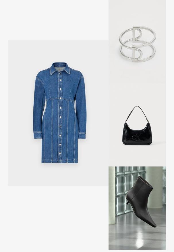 Vestido de camisa de mezclilla en azul medio, con cierre de botones en la parte delantera, mangas largas, cuello con solapa y detalles de costura vertical.; Bota de cuero negro para el tobillo con puntera puntiaguda y tacón pequeño, exhibida frente a una pared de bloques de vidrio y un suelo pulido.; Bolso de mano de piel sintética negra con un asa curvada en la parte superior, cierre de cremallera y logo "cK" en relieve en el frente. Textura suave, forma estructurada.; Brazalete de metal plateado con un diseño de doble lazo, acabado liso y brillante, y un acento geométrico minimalista.