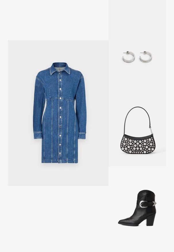 Vestido de camisa de mezclilla en azul medio, con cierre de botones en la parte delantera, mangas largas, cuello con solapa y detalles de costura vertical.; Botín de cuero negro hasta el tobillo con punta afilada, tacón grueso y una correa ancha con una hebilla circular de plata en el costado. Textura suave.; Bolso de mano de cuero negro con forma curva, adornado con tachuelas de plata de diferentes tamaños y una correa corta. Logo "HUGO" impreso en la parte frontal.; Pendientes de aro plateados con una superficie lisa y una fila de pequeñas piedras transparentes a lo largo del borde inferior, con cierre de perno.