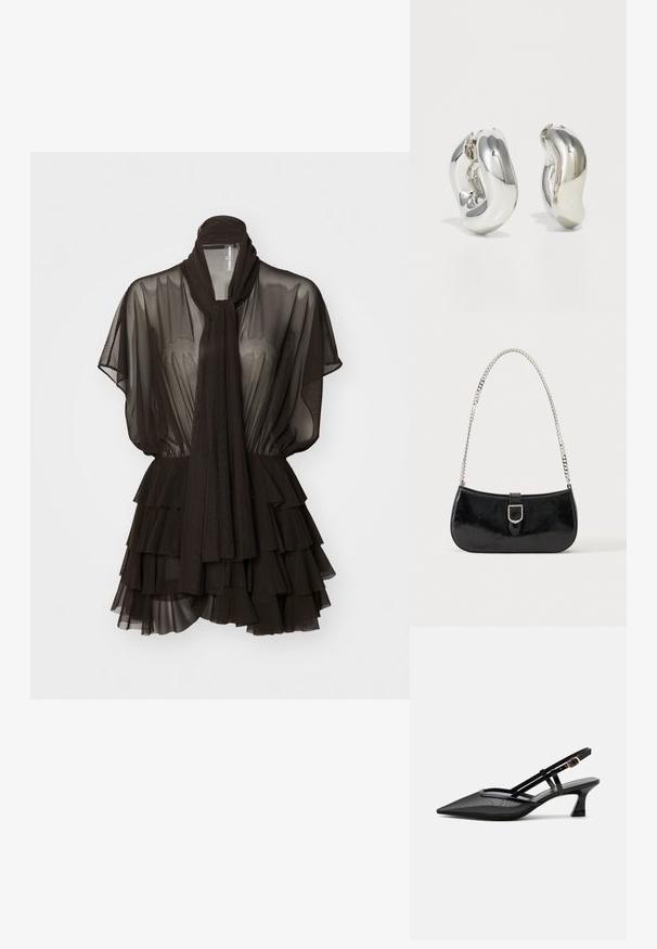 Must mustriga pehme pealmine osa, millel on kihilised volangid alumises servas, sallilaadne detail kaela ümber ja laiad lühikesed varrukad, valmistatud kergest materjalist.; Mustad terava ninaga slingback-kingad võrgust pealse, õhukeste rihmade, kuldse pandla ja madala kumerdatud kontsaga valgel taustal.; Mustast lakknahast õlakott, millel on hõbedane pandla detail ja hõbedane kettrihm, kuvatud ühevärvse hele tausta ees.; Hõbedased skulpturaalsed kõrvarõngad, millel on siledad, kaarekujulised vormid ja peegeldavad pinnad. Omavad suletud rõnga disaini ja eristuvat orgaanilist kuju.