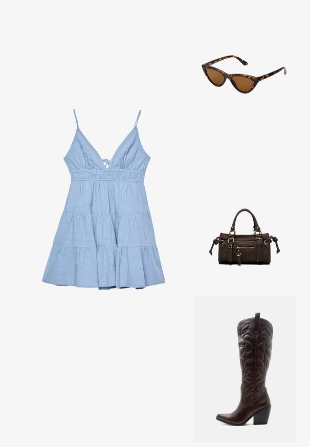 Robe sans manches bleu clair avec un décolleté en V, un corsage froncé et une jupe à volants. Fabriquée en tissu texturé avec des bretelles ajustables.; Botte de cowboy haute en cuir marron foncé avec motifs décoratifs cousus, bout pointu et talon bloc empilé.; Lunettes de soleil style œil de chat avec une monture en écaille de tortue noire et orange, verres marron et pointes effilées et élégantes. Présente un logo minimaliste sur la branche.; Sac à main en cuir marron foncé avec double poignée, poche avant zippée, boucles décoratives et nœuds latéraux sur fond blanc.