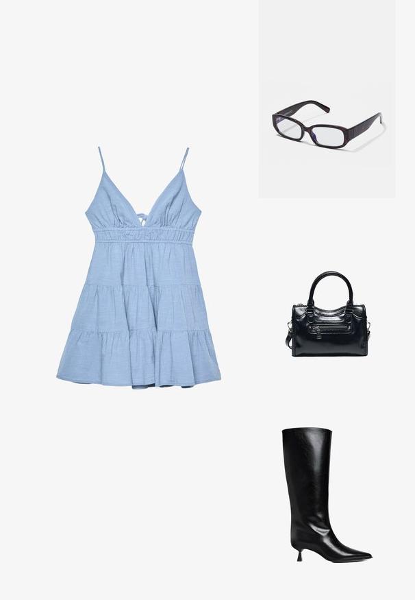 Robe sans manches bleu clair avec un décolleté en V, un corsage froncé et une jupe à volants. Fabriquée en tissu texturé avec des bretelles ajustables.; Boot en cuir noir, montant jusqu'au genou, avec un bout pointu, une silhouette élancée et un talon carré bas, le tout avec une finition brillante.; Lunettes rectangulaires en écaille de tortue brune avec des verres transparents et des branches épurées, présentant une texture lisse et un design minimaliste.; Sac à main en cuir noir brillant avec deux poignées, poche avant zippée et bandoulière amovible sur fond blanc.