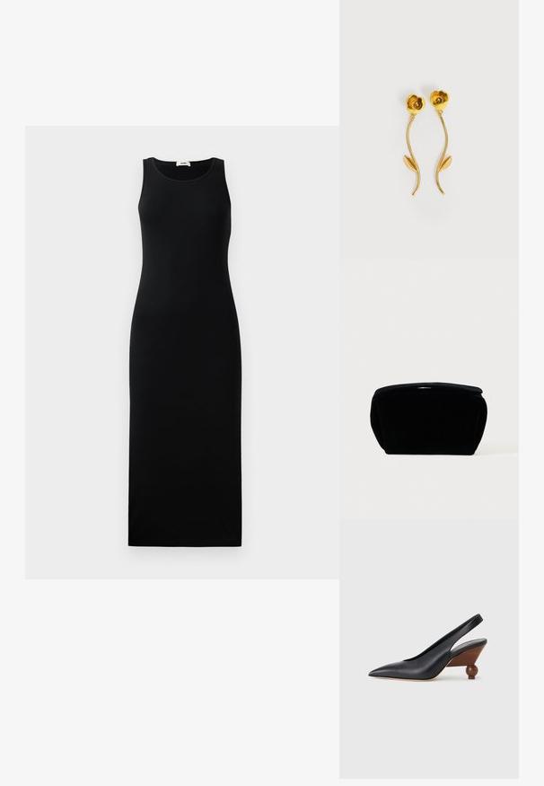 Ärmeloses schwarzes Maxikleid mit rundem Ausschnitt und figurbetonter Silhouette, auf einem schlichten hellen Hintergrund präsentiert.; Schwarzer Slingback-Schuh mit spitzer Zehe, einem abgerundeten Holzblockabsatz und glattem Lederobermaterial vor einem hellgrauen Hintergrund.; Schwarze Kosmetiktasche aus Samt mit einer weichen, strukturierten Oberfläche, gerundetem oberen Teil und Reißverschluss. Kompaktes Design, geeignet für verschiedene Aufbewahrungsbedürfnisse.; Ohrstecker in Goldoptik, geformt wie Blumen mit gebogenen Stielen und je einem einzelnen Blatt pro Stiel, vor weißem Hintergrund.