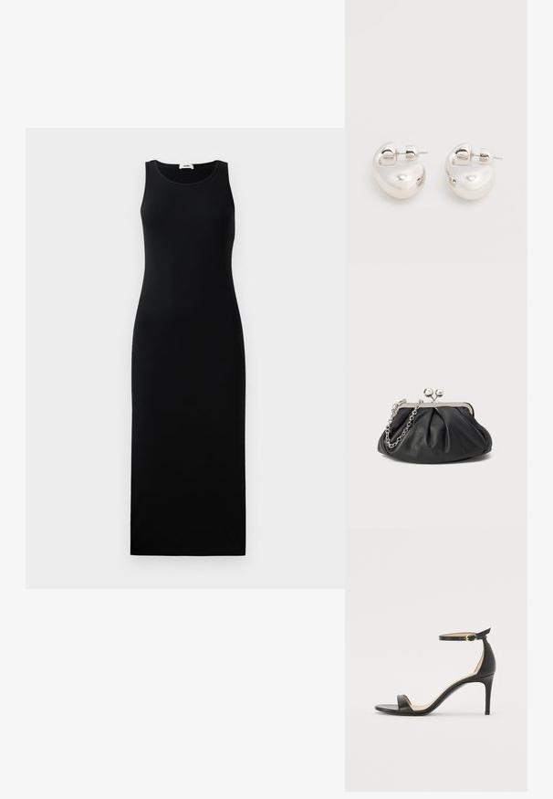 Robe maxi noire sans manches avec encolure ronde et silhouette ajustée, présentée sur un fond clair uni.; Sandale à talons hauts en cuir noir avec une lanière de cheville. Présente une texture lisse, un bout ouvert et un talon fin. Détail de boucle en ton doré.; Porte-monnaie en cuir noir avec texture froncée, cadre en métal argenté, fermeture à verrouillage kiss-lock et bandoulière en chaîne. Surface lisse et douce.; Paire de boucles d'oreilles argentées brillantes et épaisses avec fermoirs à tige, sur fond blanc uni.